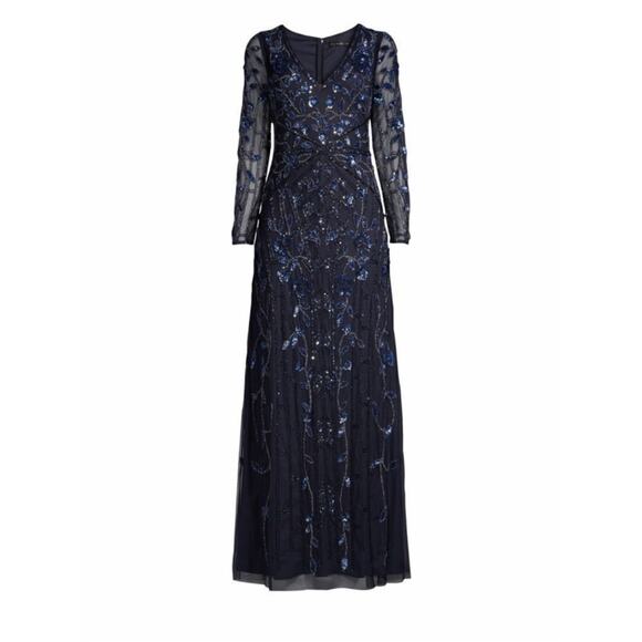 Aidan Mattox Sequined Beaded Long Sleeve Gown Navy Size 10 - Picture 7 of 15